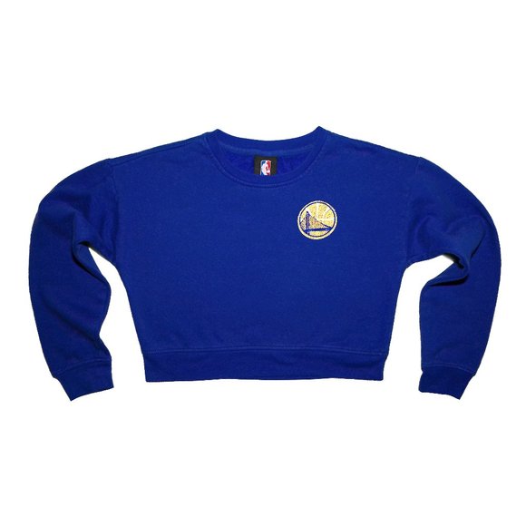 Golden State Warriors Royal Blue 3/4 Sleeve Cropped Sweatshirt w/ Rhinestones Sm - Picture 1 of 8